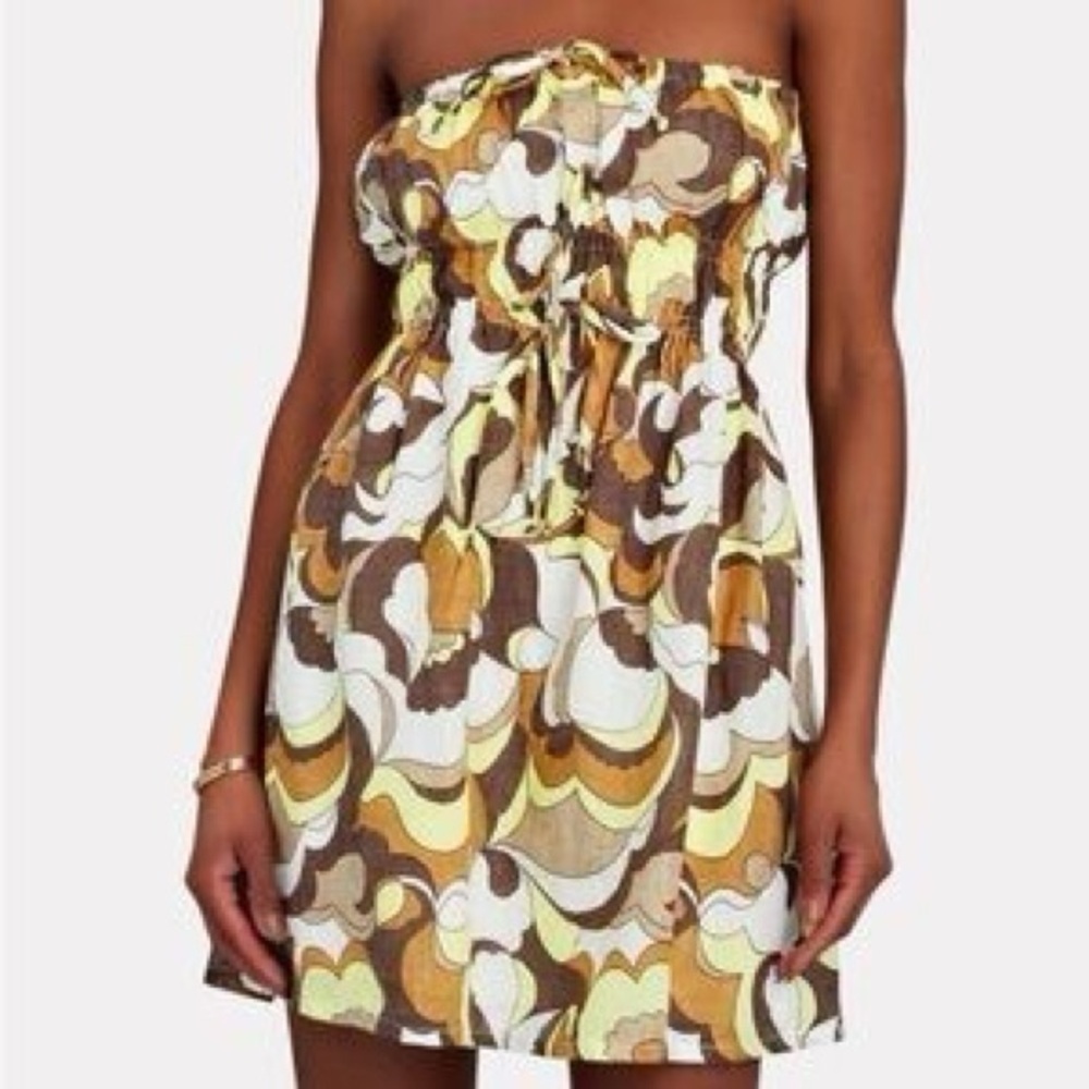 Faithfull the Brand Palmira 100% Linen Abstract 70's Strapless Mini Dress (105)